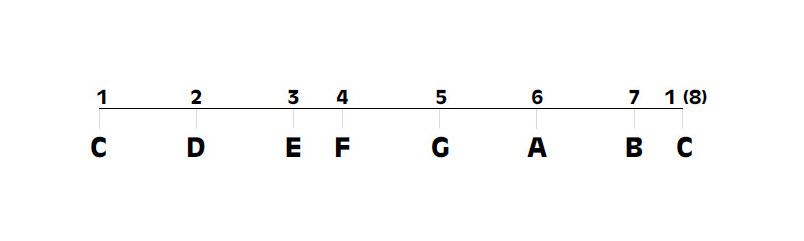 Diatonic musical scale of C major showing scale degrees, which are numbers.